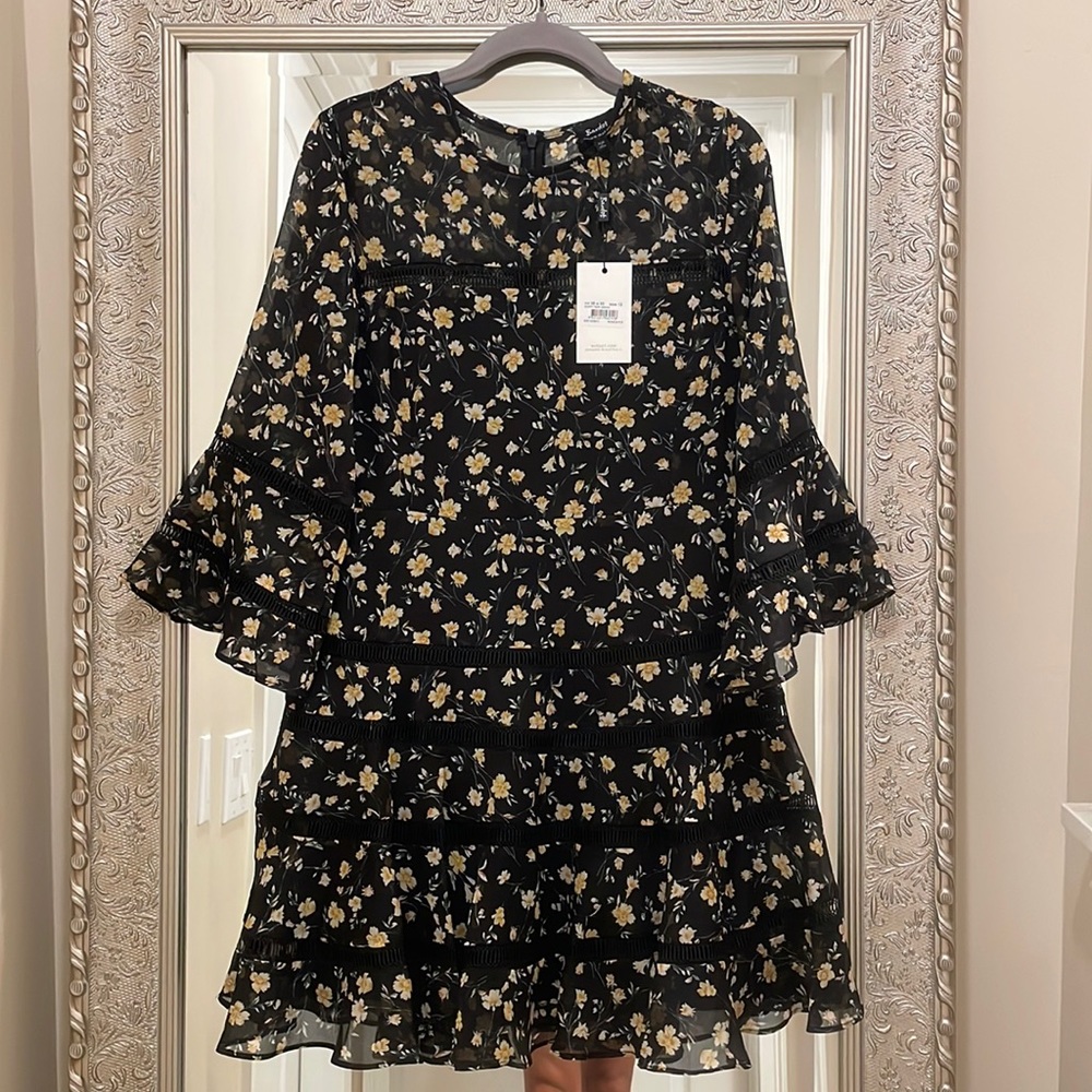 Bardot Bell Sleeve Black Yellow Poppy Trim Mini Dress in Monica Floral Print